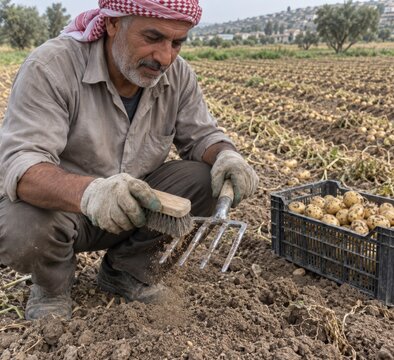 Volunteer brushing dry soil from a hand fork beside a crate of recovered potatoes at the edge of a harvested field while crouching in work gloves during the close of a gleaning shift