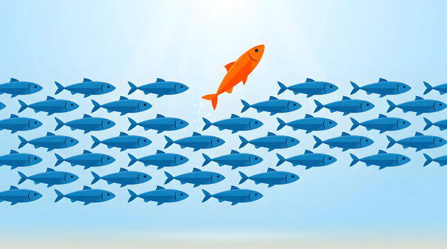 Orange Fish Swimming in Opposite Direction Against Blue Fish School, Concept of Individuality and Leadership