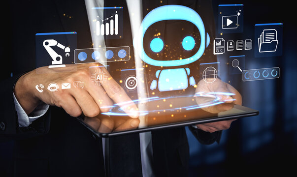 Businessman Interacting with Futuristic Digital Robot on Tablet with Data and Technology Graphics in Modern Office Environment. Glyphic.