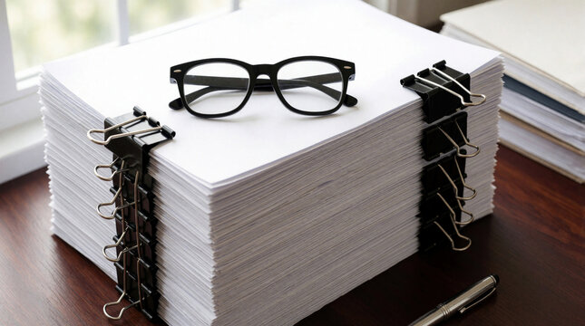 Tall stack of white documents held by black binder clips on wooden desk. Black eyeglasses rest on top of thick paper pile. Silver pen lies nearby on office table. Organized paperwork for business