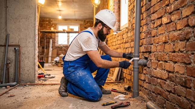 Commercial construction and plumbing stock photo of a male plumber wearing a hard hat crouching down to install drainage pipes against a brick wall under renovation.