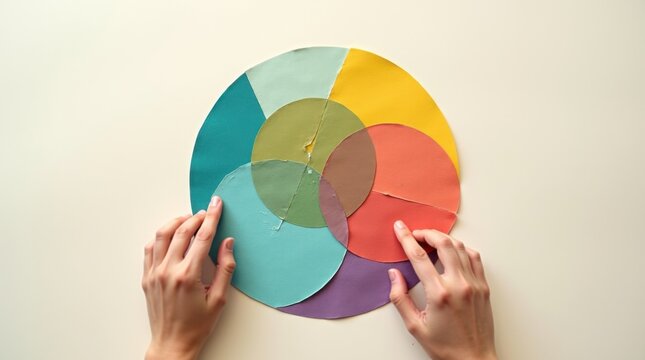 Composici&oacute;n art&iacute;stica de manos monocrom&aacute;ticas ensamblando fragmentos geom&eacute;tricos de papel de colores