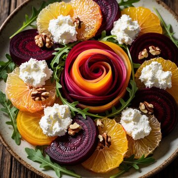 Healthy beet, citrus salad with goat cheese, walnuts. Fresh arugula leaves, sliced orange, red beet slices, feta cheese arranged in rose shape on ceramic plate. Gourmet vegetarian meal with