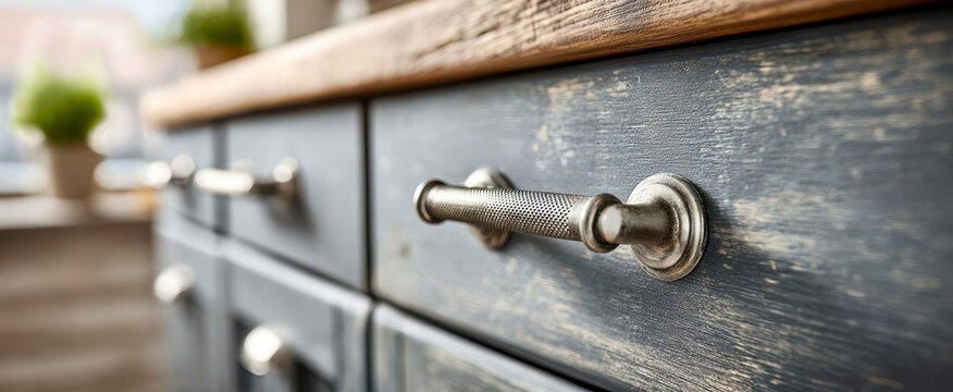 Brushed metal cabinet handle rests on dark wood drawer front in close detail. Cabinet hardware shows worn paint and clean industrial feel, creating calm, tactile interior design accent.