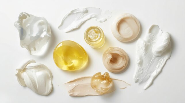 Variedad de texturas de productos cosm&eacute;ticos, que incluye gel transl&uacute;cido, aceite brillante y espirales de crema rica