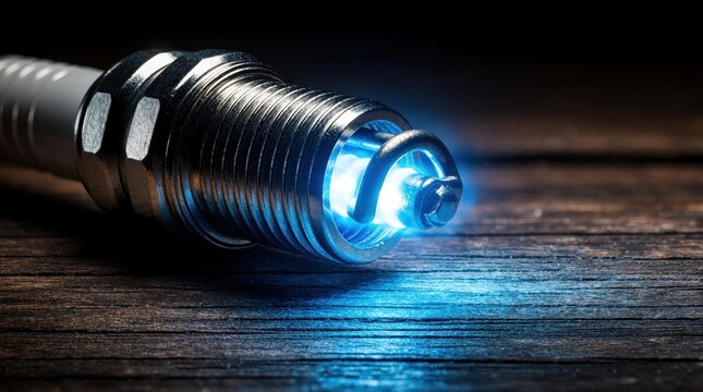 Metal spark plug with glowing blue electric arc sits on dark wood table. Automotive part ready for engine ignition, bright energy transfer, detail close-up.