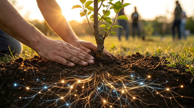 Close up of hands planting a tree with glowing digital roots in soil at sunset symbolizing nature sustainability and technology innovation