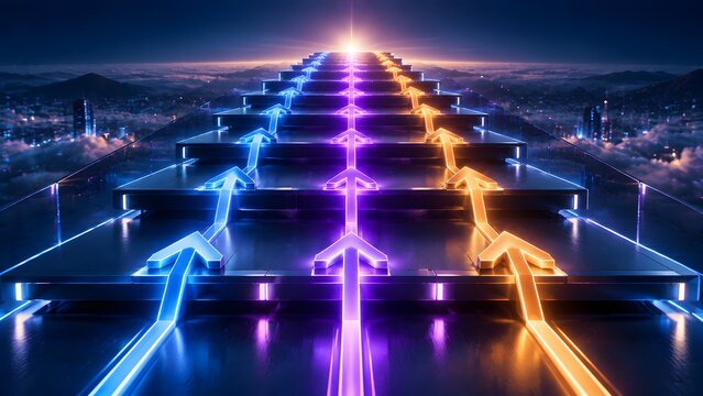 Futuristic staircase with glowing neon arrows ascending towards bright light over a cityscape and clouds
