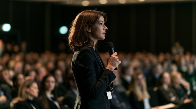 Woman conference speaker interacting with a large audience ,presentation, audience, speaking with people, photo
