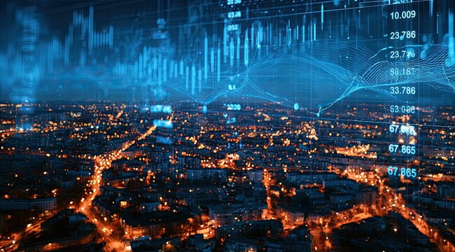 Futuristic cityscape with glowing lights overlaid with glowing financial data charts