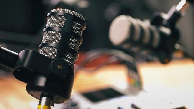 Podcast Live streaming, man radio presenter with microphone, talk show or entertainment. Content creator podcast host in studio for recording audio social media, live concert show. 
