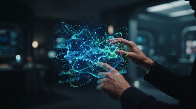 Person interacting with glowing holographic data visualization network