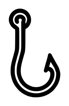 Steel fishing snag hook with a circular top line attachment eyelet, curved shank, deep rounded bend, and a sharp upward barb point, monoline sports vector icon on a plain white backdrop