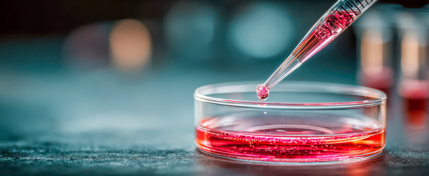 Laboratory pipette dispenses red liquid into petri dish. Precision lab tool releases drop above clear culture plate, suggesting careful sample handling in sterile research work during liquid transfer.