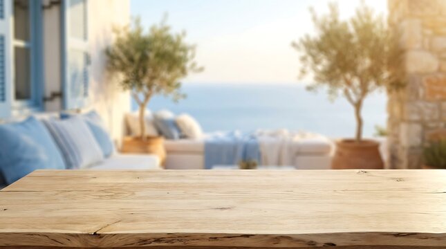 Empty wooden table mockup with blurred Mediterranean sea terrace background for product display during summer vacation.