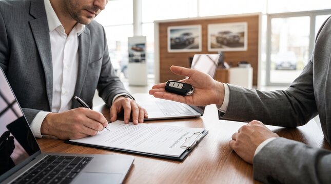 Professional client signing a significant business contract for a new vehicle purchase at a modern car dealership, finalizing the transaction and receiving the keys