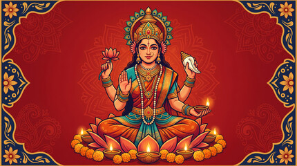 Obraz premium Goddess Lakshmi seated on lotus with diyas, conch and lotus flower