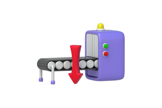 Industrial cost reduction. Manufacturing expense decrease. Declining demand for goods. Low fulfillment efficiency. Conveyor belt beside down arrow isolated on white background. 3d render