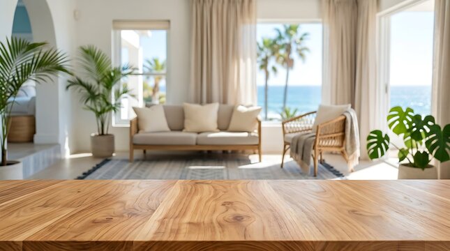 Empty wooden tabletop with blurred coastal villa living room interior background for product display mockup presentation.