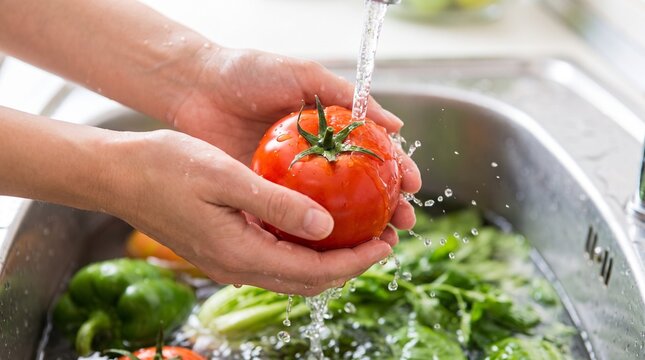 Hands washing fresh organic red tomato under a kitchen faucet with water splashing on healthy vegetables for cooking a clean homemade meal