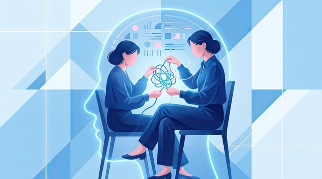 Therapist untangling brain knot illustration for mental health.