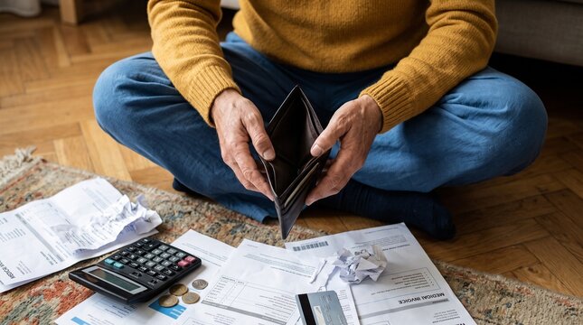 Depressed Senior Man Holding Empty Wallet While Reviewing Financial Bills on Floor
