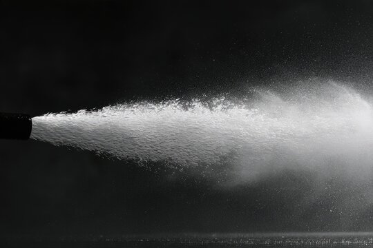 High-pressure water jet spraying outward from a dark nozzle against a dark background