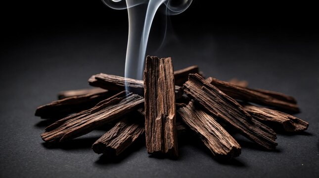 Burning oud wood sticks emit smoke on dark surface. Fragrant resin provides aroma for meditation aromatherapy and traditional rituals. Luxury scent for wellness.