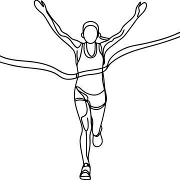 Female runner crossing finish line in continuous line art style. Athletic female runner crossing ribbon with arms raised in victory. Symbol of success with female runner crossing final stage.