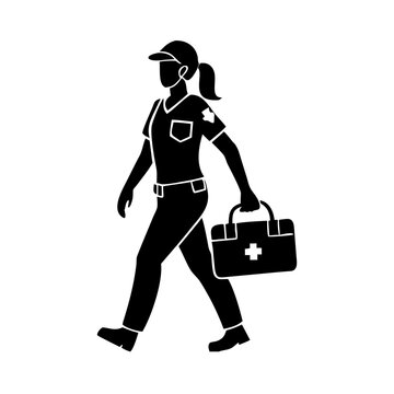 Black silhouette female paramedic carrying first aid kit box. Dedicated female paramedic walking fast to emergency call with equipment. Clear sign of skilled female paramedic for healthcare design.