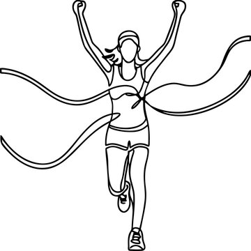 Female runner victory continuous line drawing at finish line. Athletic woman crosses ribbon with hands raised in female runner victory. Minimalist art of female runner victory for sports motivation.