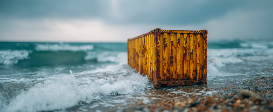 Weathered shipping container lies stranded at waters edge, its rusted panels facing rough surf. Lone cargo box remains stranded as waves break nearby, leaving foam across wet sand around steel box.