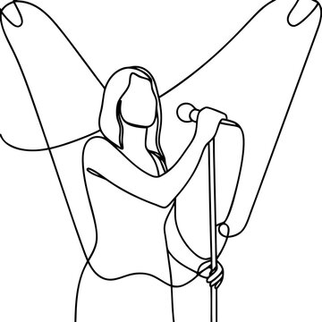 Line art showing female singer rehearsing on stage with microphone. Dynamic female singer rehearsing song under spotlight. Modern female singer rehearsing concept for concert posters