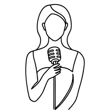 Minimal continuous line art illustration showing female singing mic on clean background. Elegant singer perform live jazz song with female singing mic. Concept female singing mic artwork for poster.