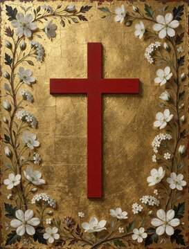Red cross with white floral border on distressed gold background. Religious symbol for faith hope and love. Christian art with nature elements for spiritual themes.