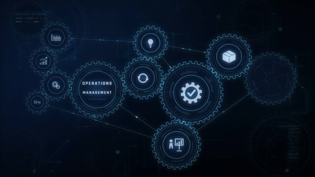 Operations management gear network animation with rotating cogs and process module labels