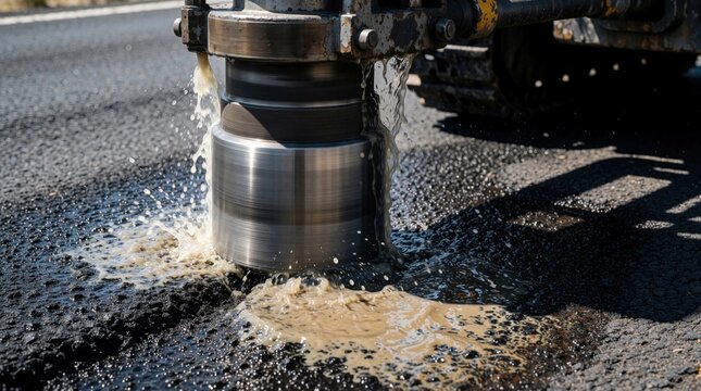 Core drilling machine extracts asphalt sample from road surface. Water coolant flows over heavy drill bit for cooling, lubrication. Engineering equipment performs precision testing on pavement for