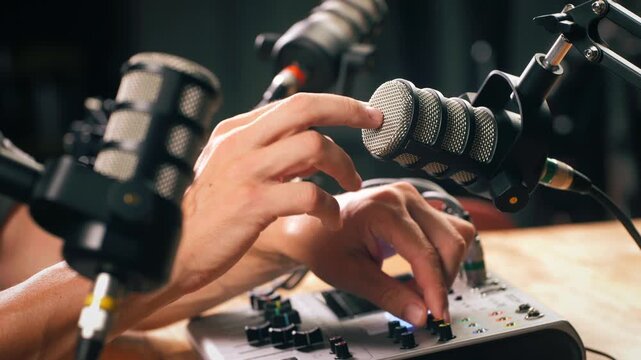 Podcast Live streaming, man radio presenter with microphone, talk show or entertainment. Content creator podcast host in studio for recording audio social media, live concert show. 