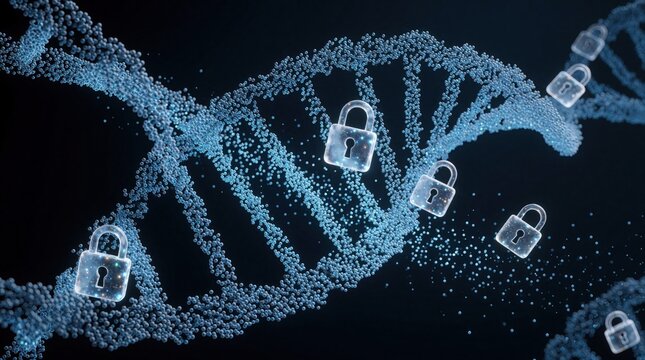 Abstract 3D model of DNA helix with glowing padlocks. Gene sequence protection concept. Genetic data encryption and bio-security theme. Science research illustration.