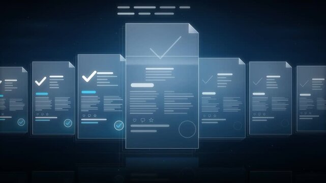 Digital document verification with approved check marks on glowing paperless file cards
