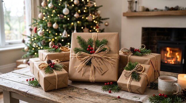 Gifts wrapped in kraft paper with raffia bows and pine sprigs.