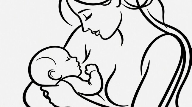 Mother tenderly embraces her baby during breastfeeding. This line art illustration shows maternal love and natural connection between parent and child. Nurturing bond depicted simply and beautifully.