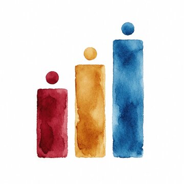 Colorful watercolor bar chart illustration on white background. Three vertical bars show growth, data comparison. Red yellow, blue columns represent statistics, market trends, business progress.