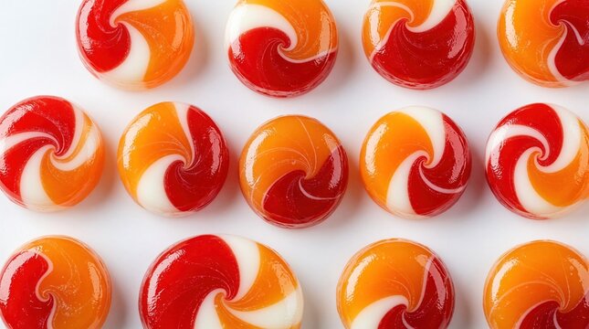 Nine round swirl hard candies arranged in rows on white background. Red orange, white milk caramels look tasty. Sweet confectionery sweets macro shot. Colorful fruit flavored candy drops for dessert