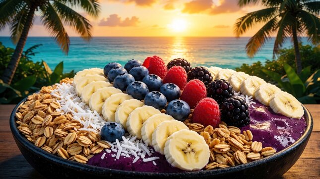 Colorful tropical fruit bowl with granola and coconut served at beach sunset. Fresh berries bananas and acai base with ocean view. Healthy breakfast or dessert.
