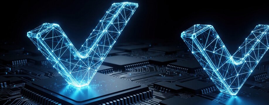 Digital checkmark symbol shines bright on circuit board. Futuristic technology confirms data processing. Electronic network verifies information accuracy. Blue glowing mark signifies approval.