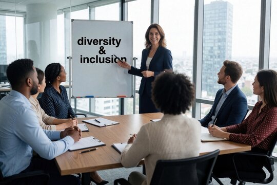 Diverse team learns about diversity inclusion in modern office meeting. Trainer points to whiteboard, employees listen attentively around conference table. Corporate training session.
