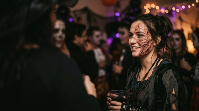 Smiling young woman wearing realistic scar makeup and a dark costume while socializing at a Halloween party