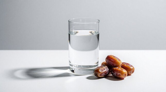 Glass of fresh water stands near dried dates on white table. Healthy snack, hydration set for Ramadan fasting nutritious diet. Minimalist composition with natural light, hard shadow on clean