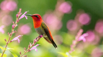 Fototapeta premium Small red hummingbird perches on thin pink flower stem. Bird drinks nectar from blossom with long beak. Green blurry background with pink bokeh highlights.